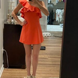 Lulu's Vibrant Orange One-Shoulder skort romper